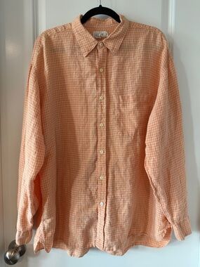 J. Crew Men’s 100% Linen Plaid Orange & White Long Sleeve Collared Shirt XL